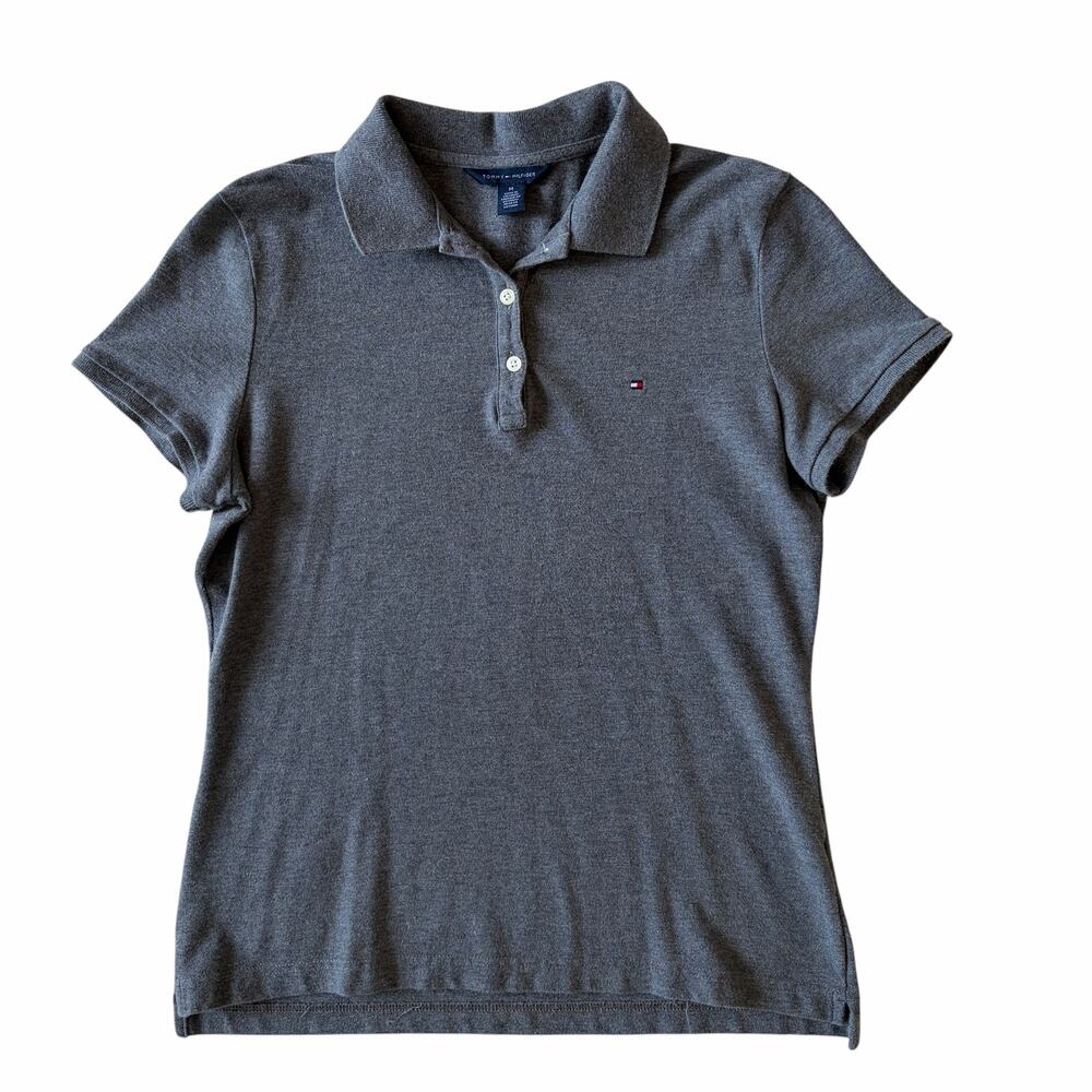 Tommy Hilfiger Womens Pique Polo Shirt Gray Cotton Short Sleeve Logo Size M